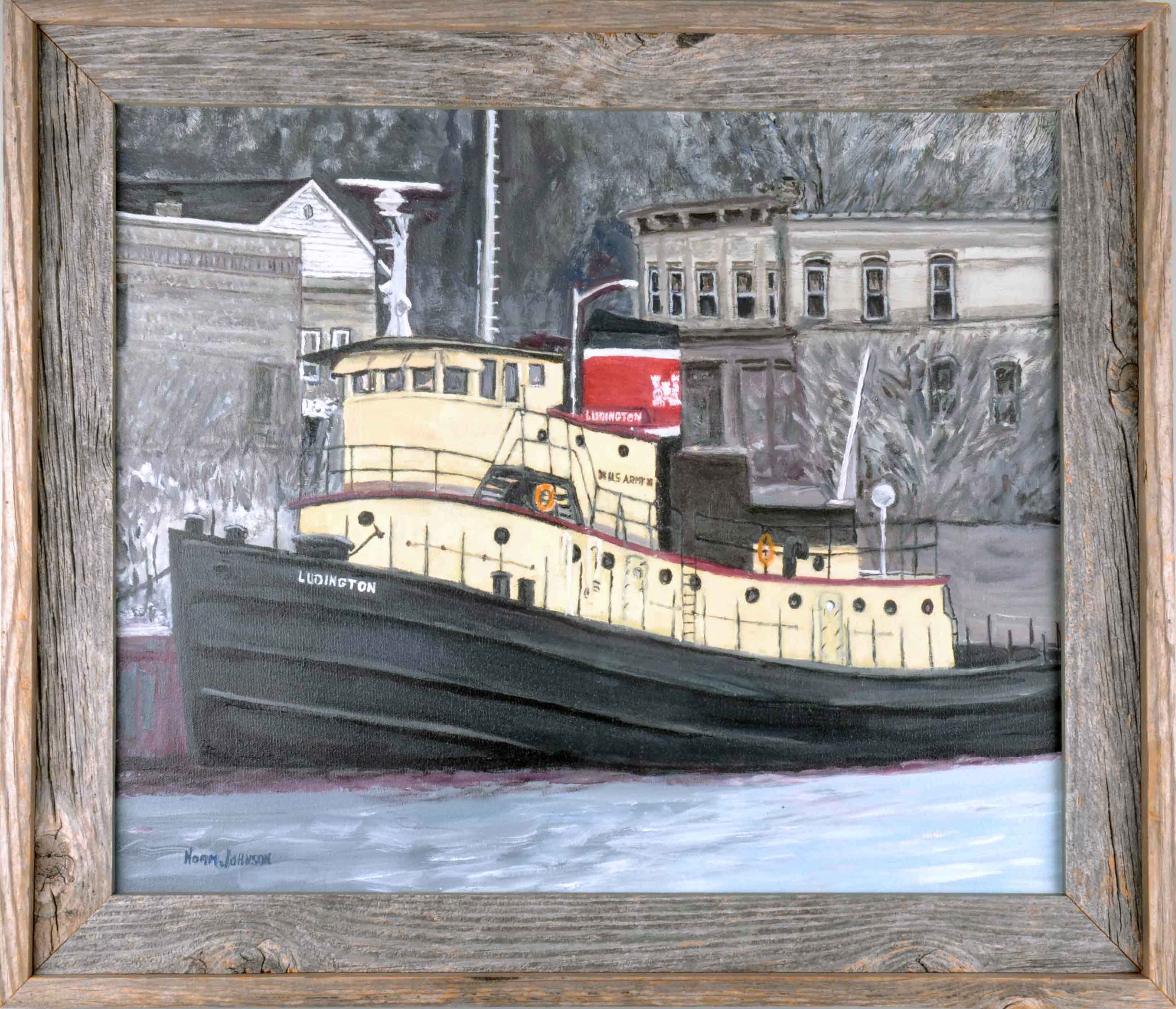 Painting of a red and white small ship on the water with buildings behind Painting of a red and white small ship on the water with buildings behind